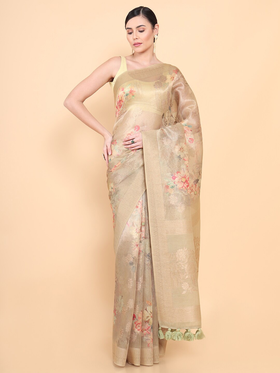 

Soch Cream-Coloured & Green Woven Design Zari Organza Saree