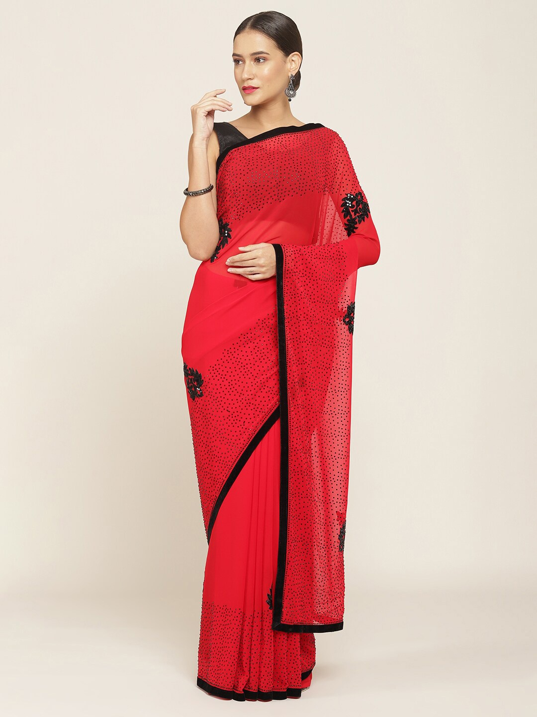 

Soch Red & Black Embellished Beads & Stones Pure Georgette Saree