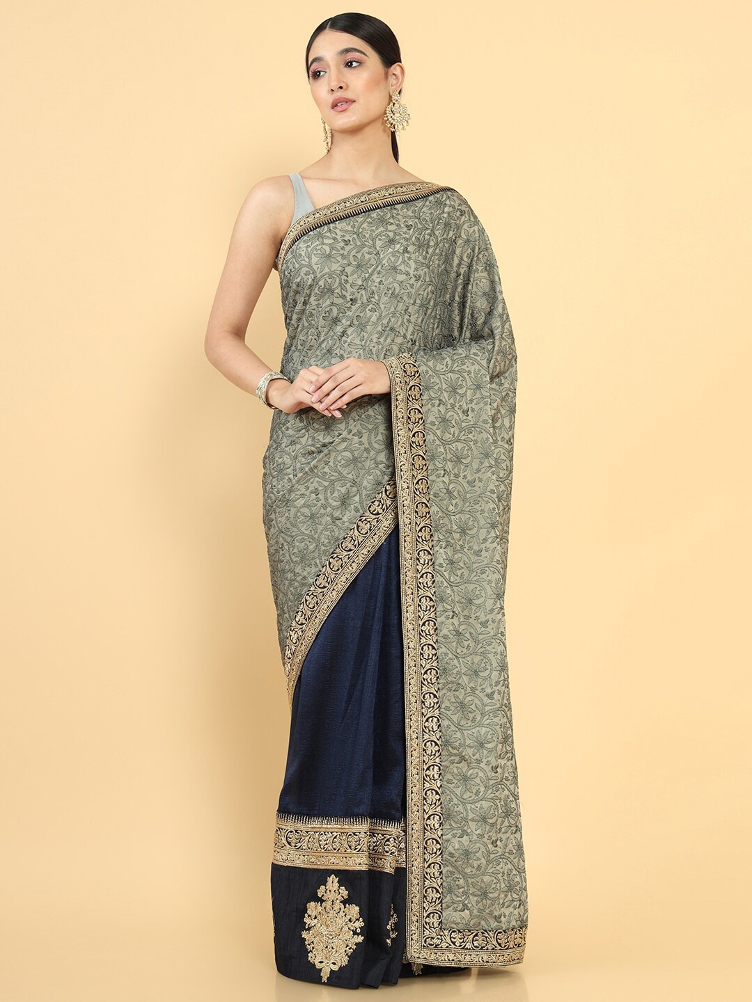 

Soch Navy Blue & Grey Floral Zari Pure Silk Tussar Saree
