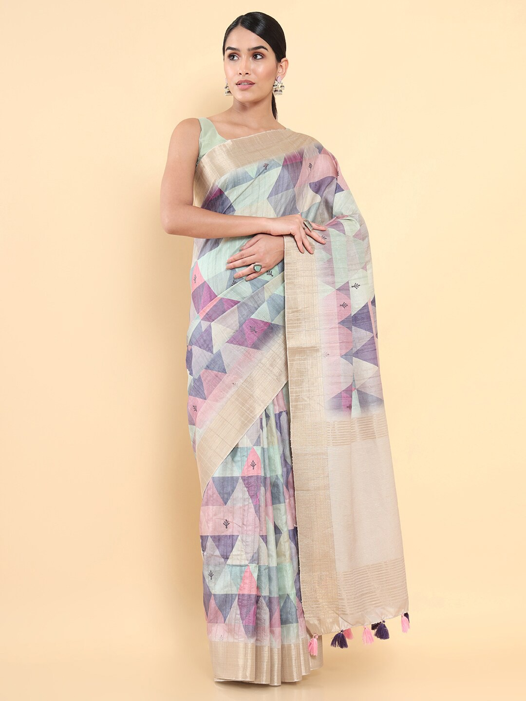 

Soch Purple & Pink Woven Design Zari Pure Silk Tussar Saree