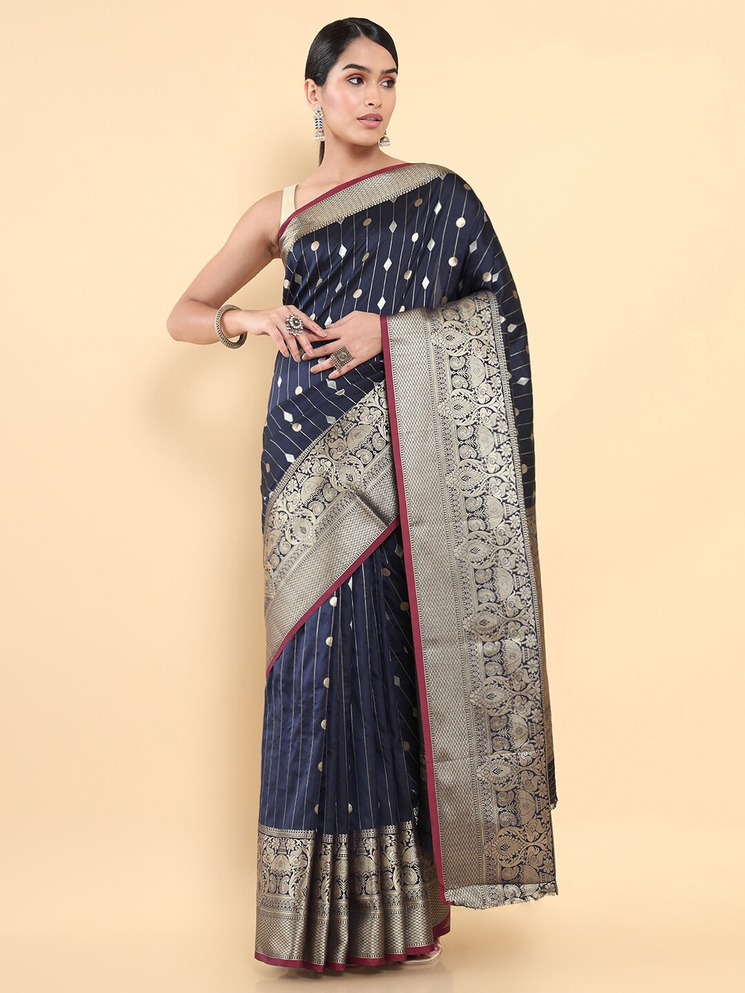 

Soch Navy Blue & Gold-Toned Woven Design Zari Art Silk Saree