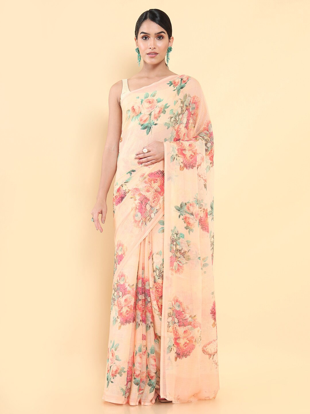 

Soch Orange & Pink Floral Pure Chiffon Saree