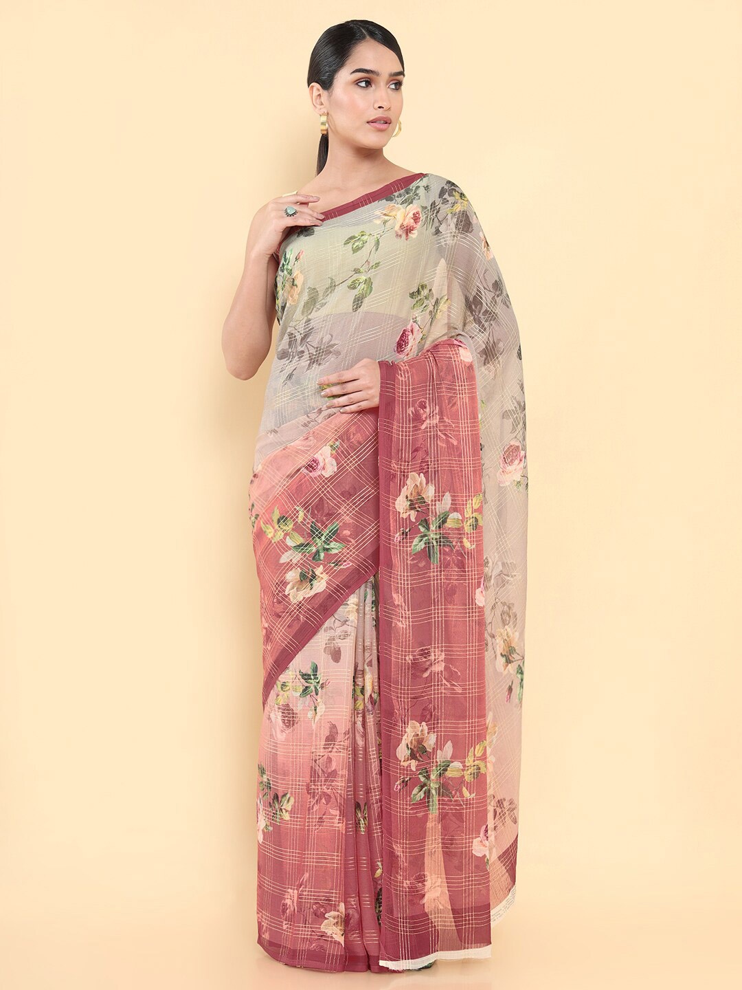 

Soch Red & Green Ombre Pure Chiffon Saree