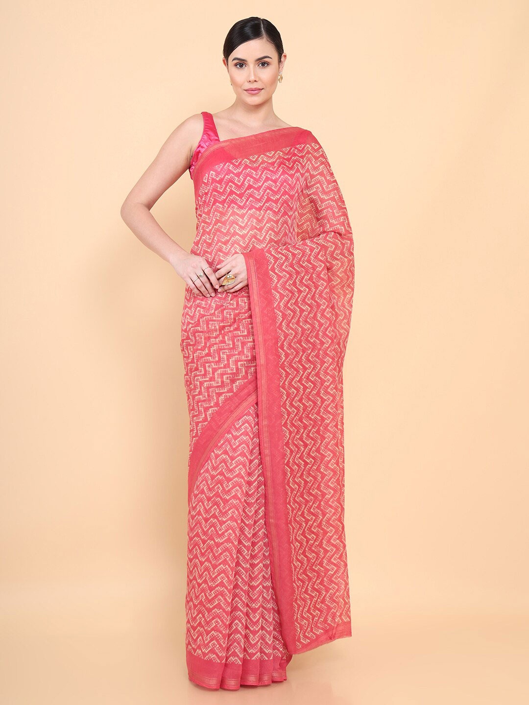 

Soch Pink Bandhani Pure Silk Chanderi Saree