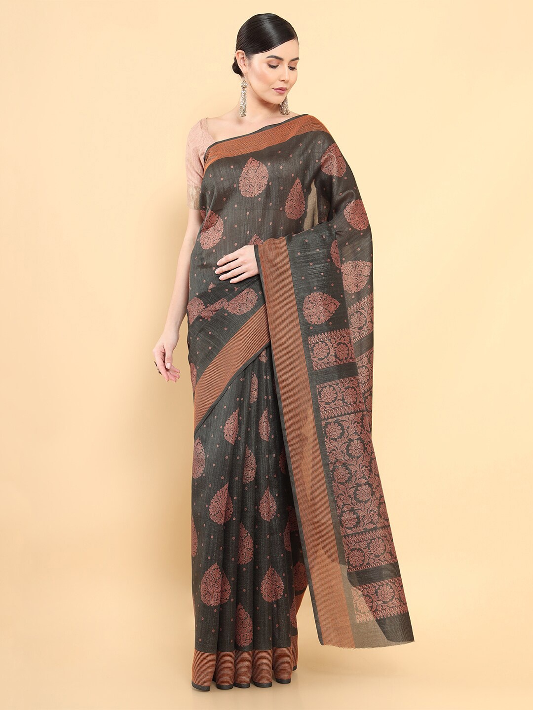 

Soch Olive Green & Brown Ethnic Motifs Art Silk Saree