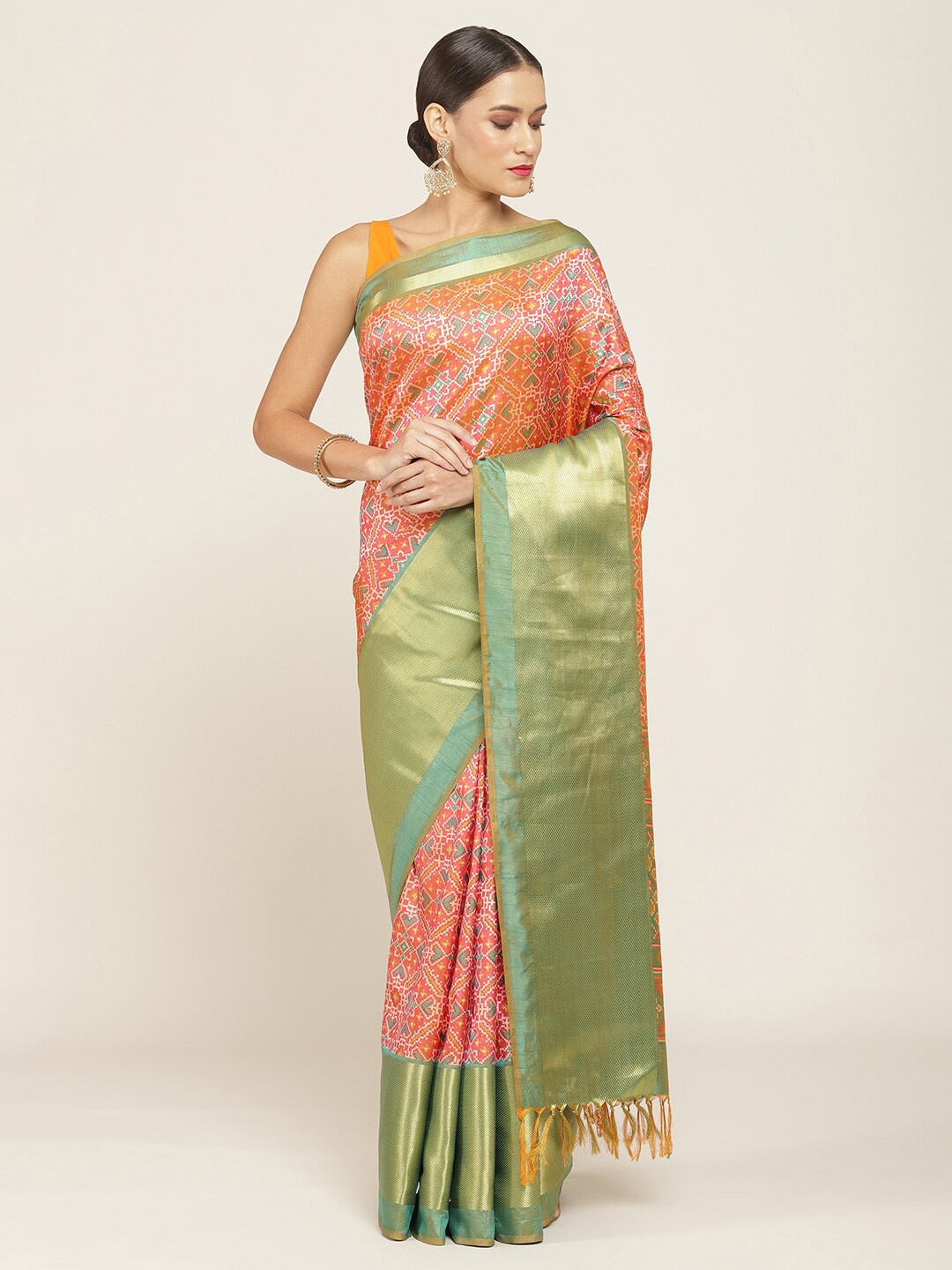 

Soch Orange & Green Ethnic Motifs Zari Pure Silk Tussar Saree