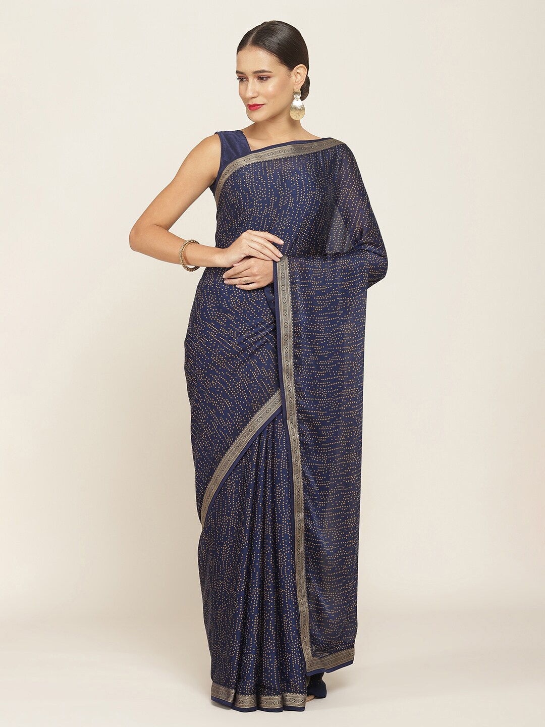 

Soch Navy Blue & Gold-Toned Pure Georgette Saree