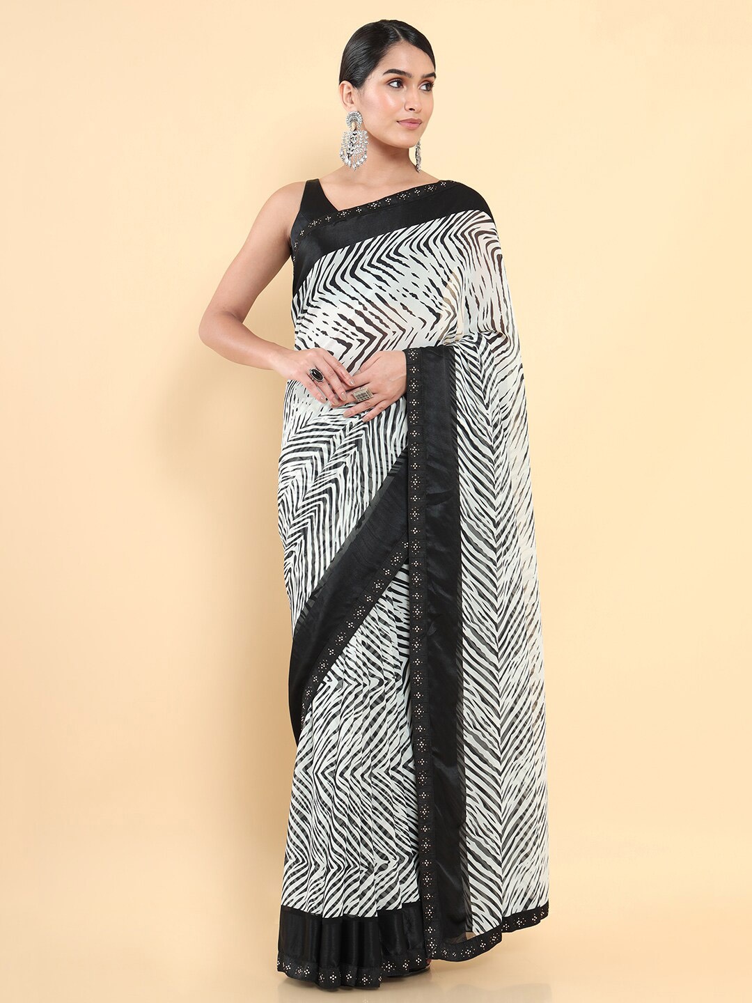 

Soch White & Black Beads and Stones Pure Georgette Saree