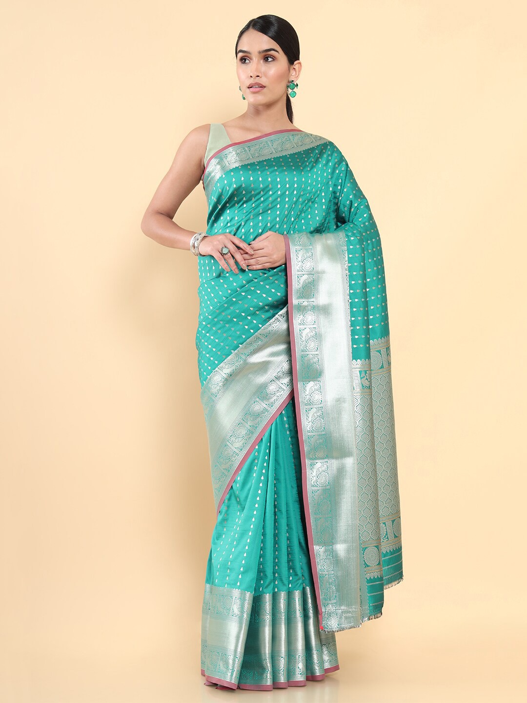 

Soch Teal & Silver-Toned Woven Design Zari Art Silk Saree