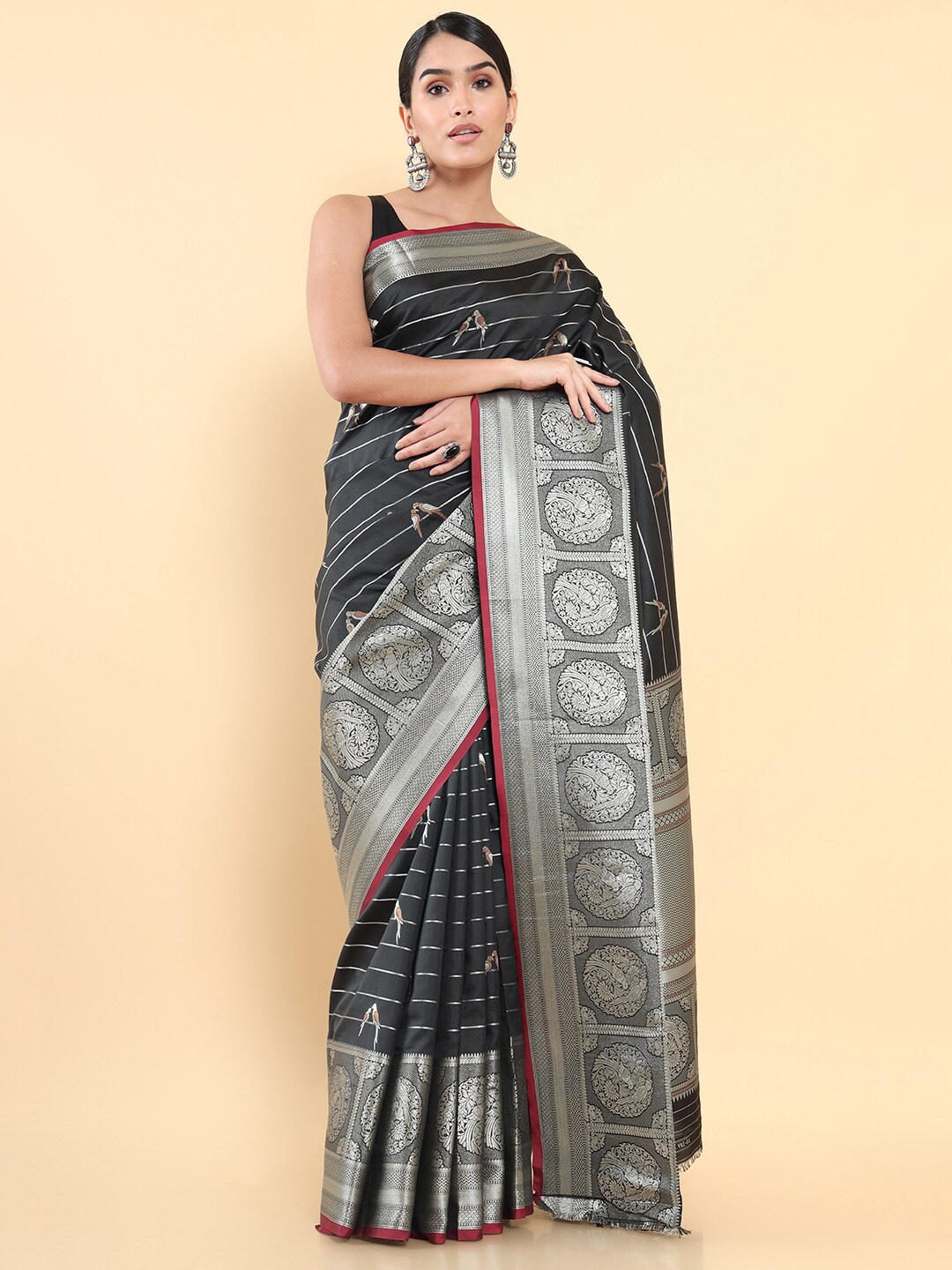 

Soch Black & Silver-Toned Woven Design Zari Art Silk Saree