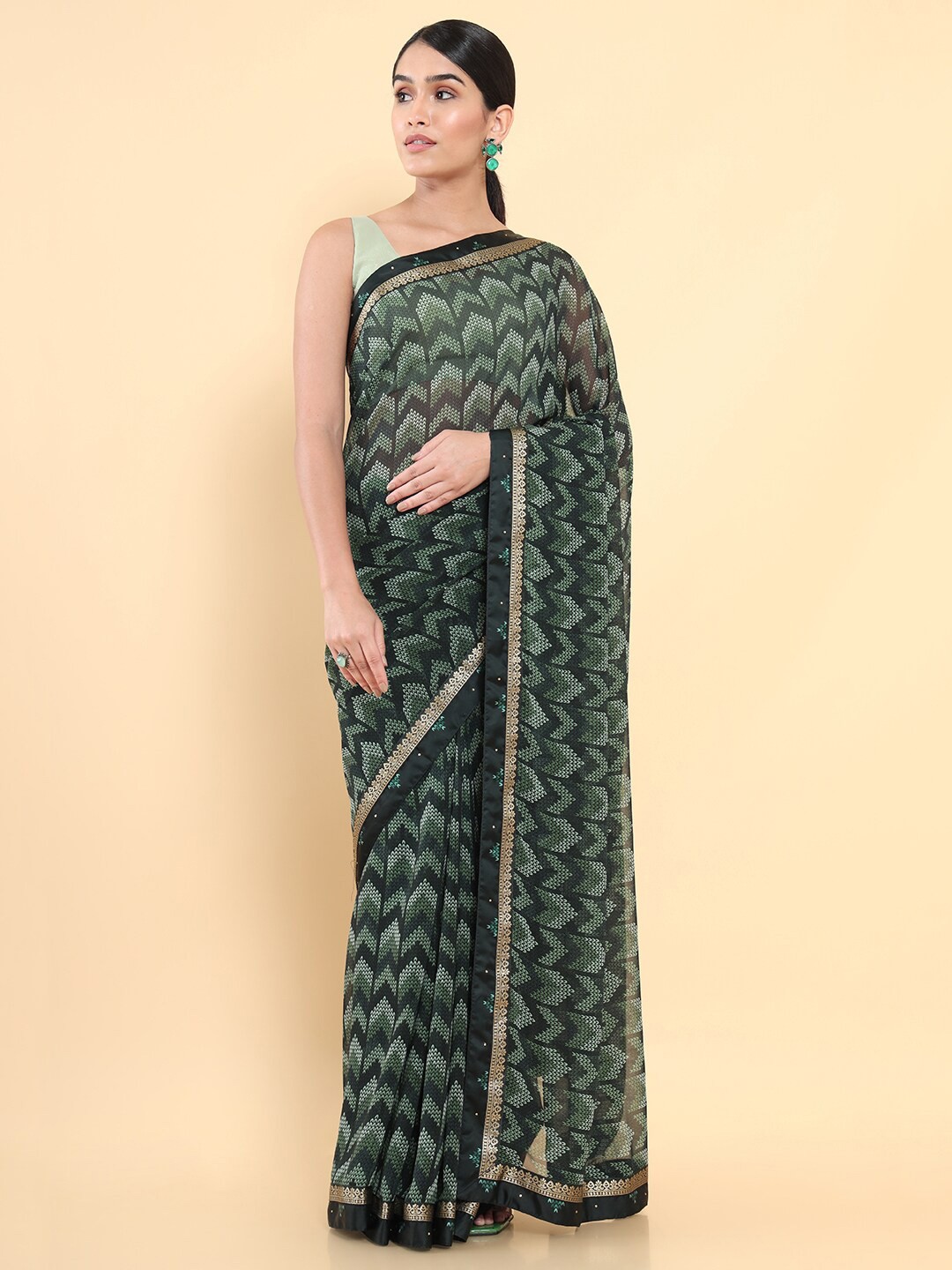 

Soch Green Beads and Stones Pure Georgette Saree
