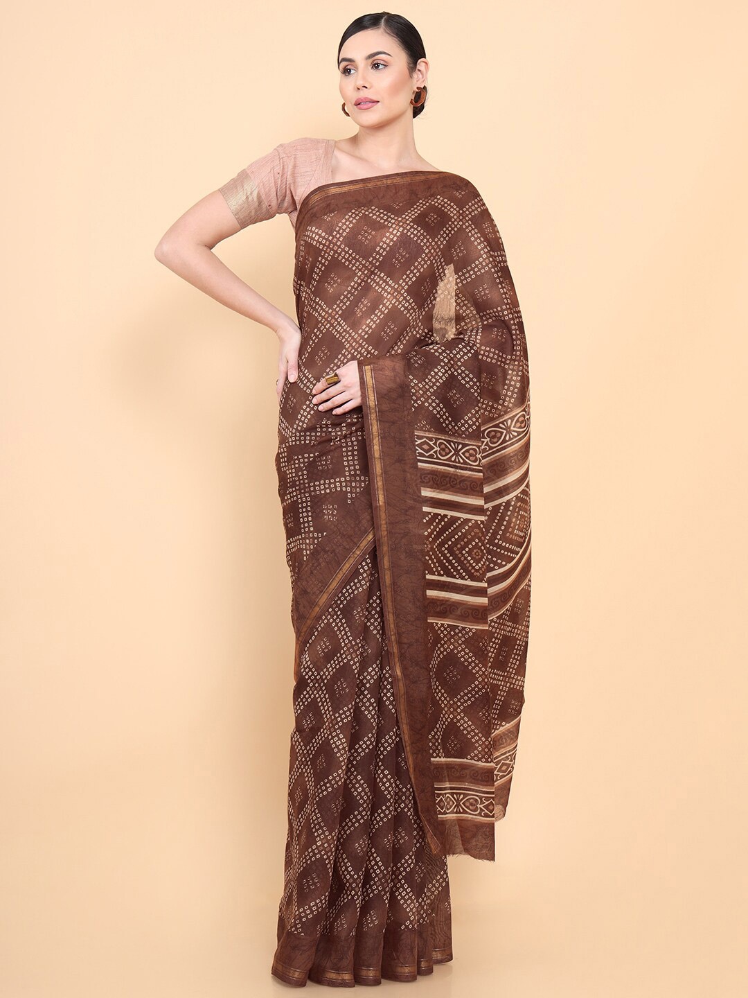 

Soch Brown & White Bandhani Pure Silk Chanderi Saree