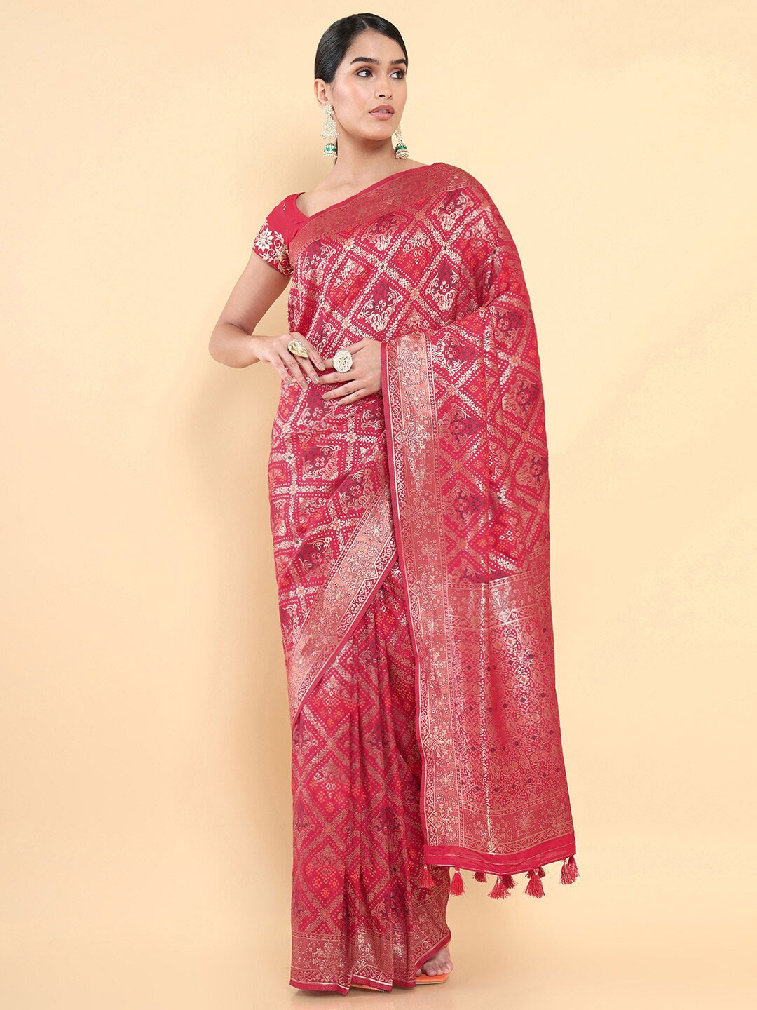 

Soch Maroon & Silver-Toned Ethnic Motifs Zari Pure Silk Tussar Saree