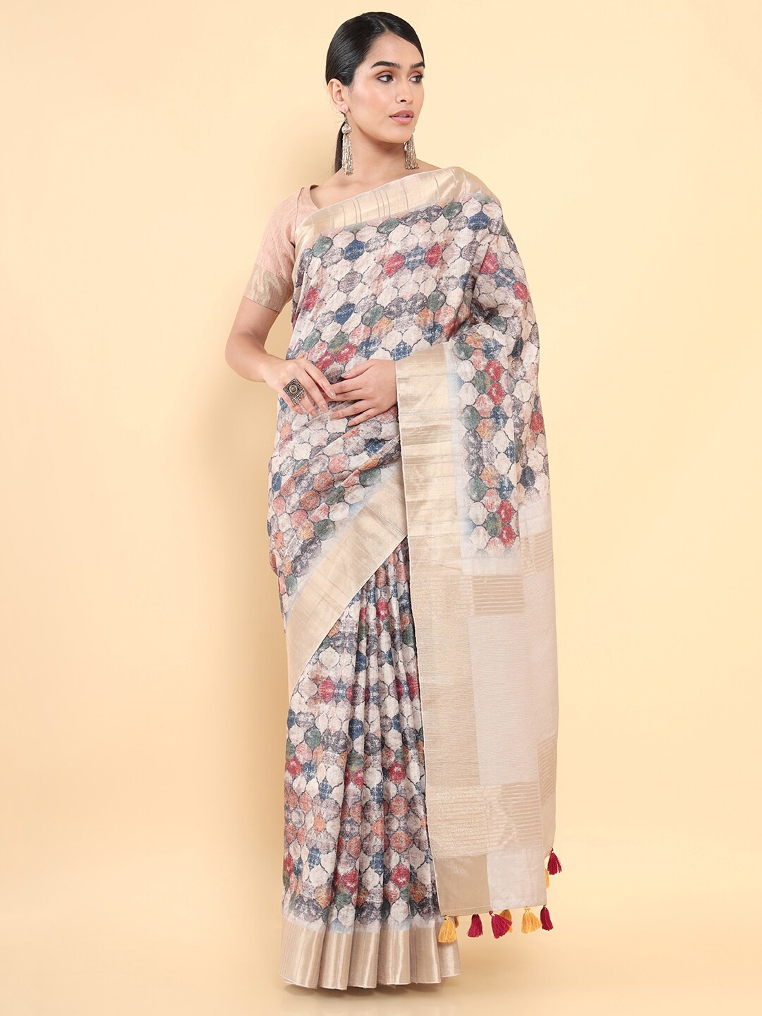

Soch Beige & Red Zari Pure Silk Tussar Saree