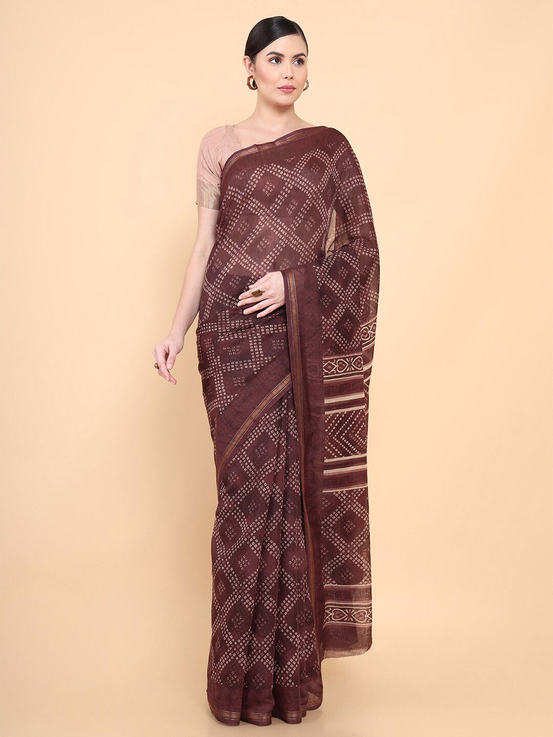 

Soch Brown & White Bandhani Pure Silk Chanderi Saree