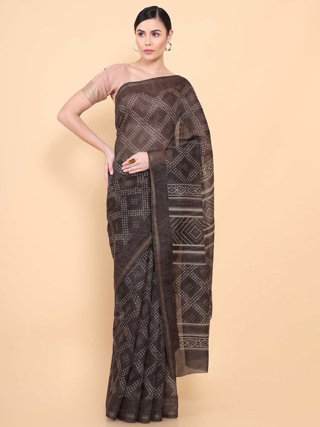 

Soch Brown & White Bandhani Zari Pure Silk Chanderi Saree