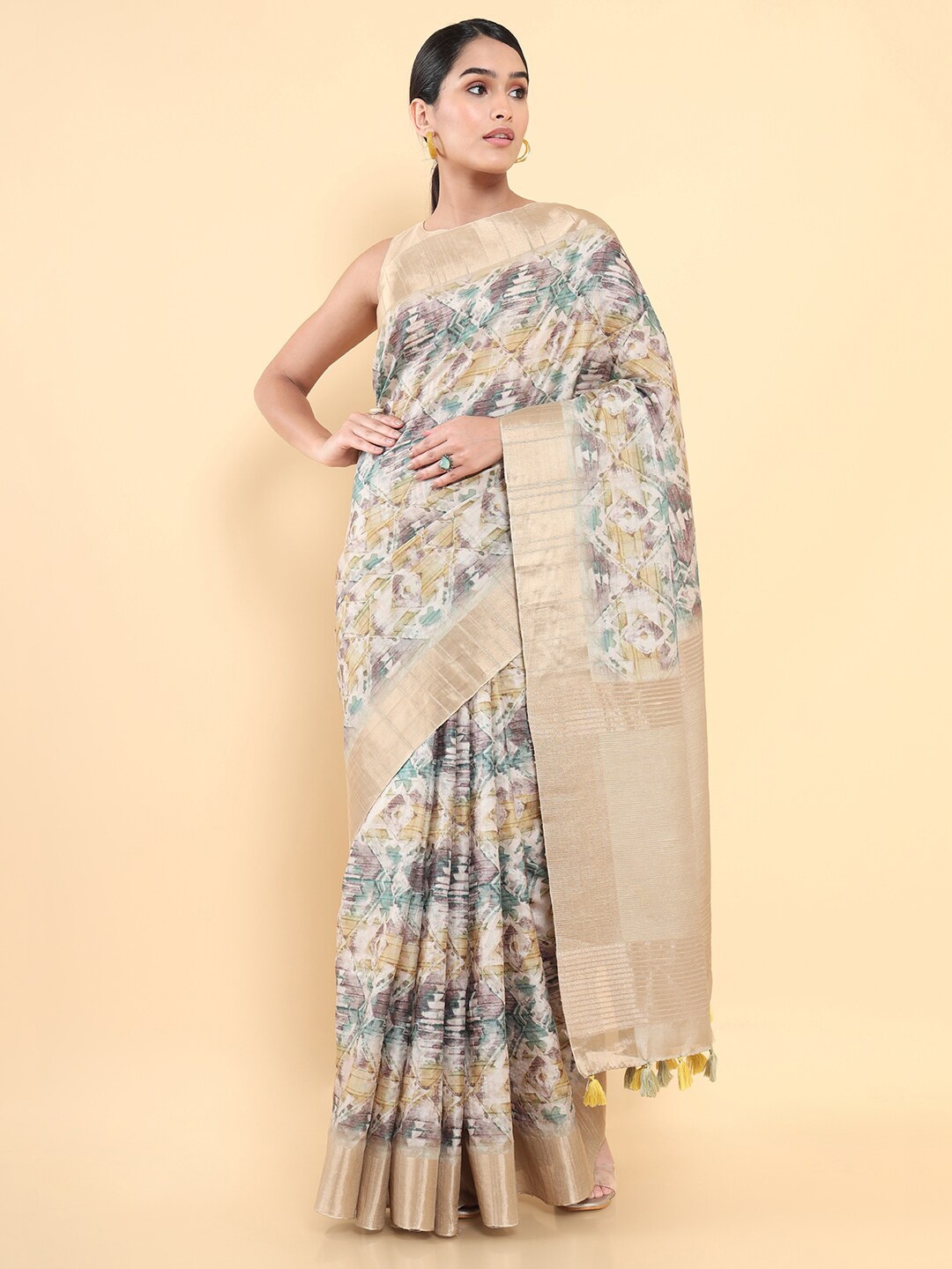 

Soch Beige & Green Zari Pure Silk Tussar Saree