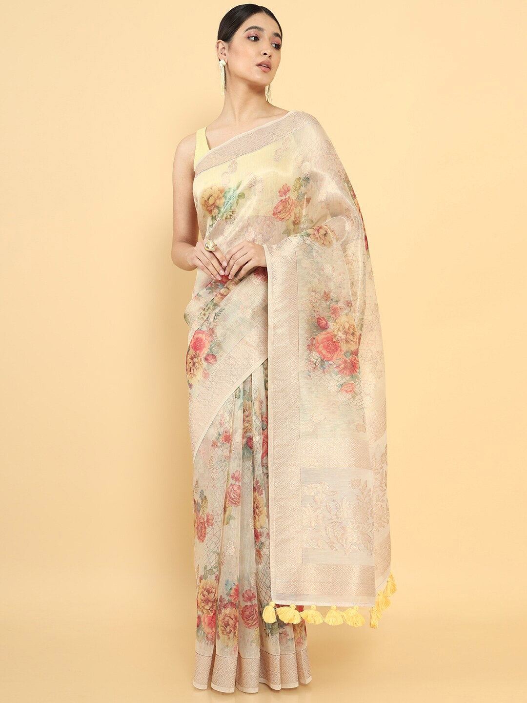 

Soch Women Beige & Yellow Floral Organza Saree