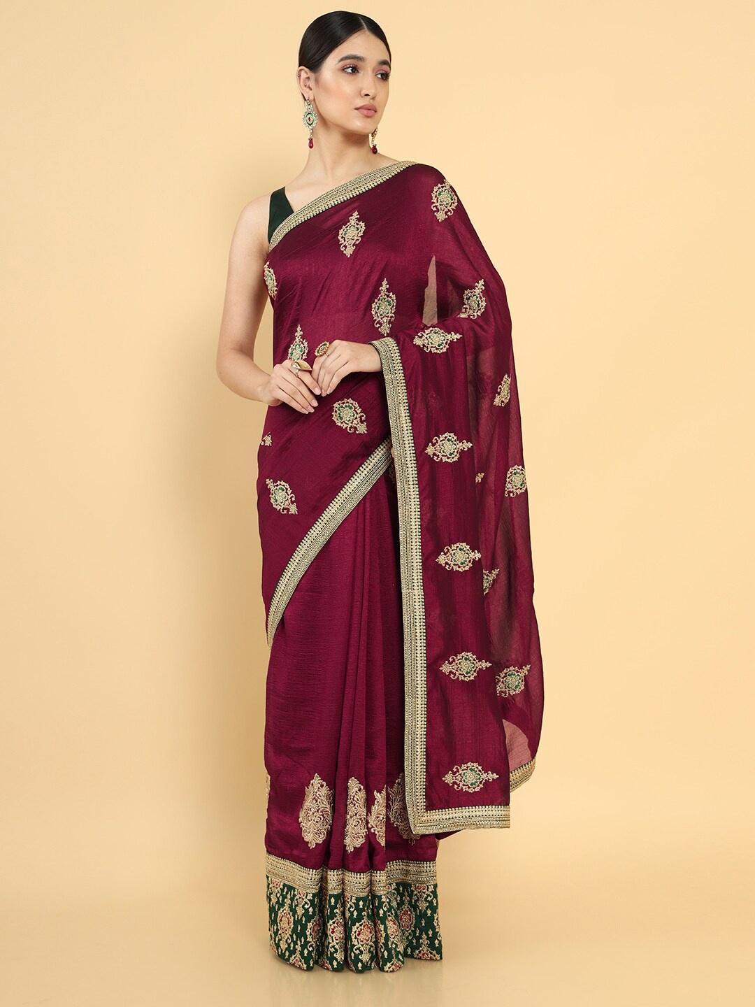 

Soch Maroon & Gold-Toned Ethnic Motifs Embroidered Pure Silk Tussar Saree