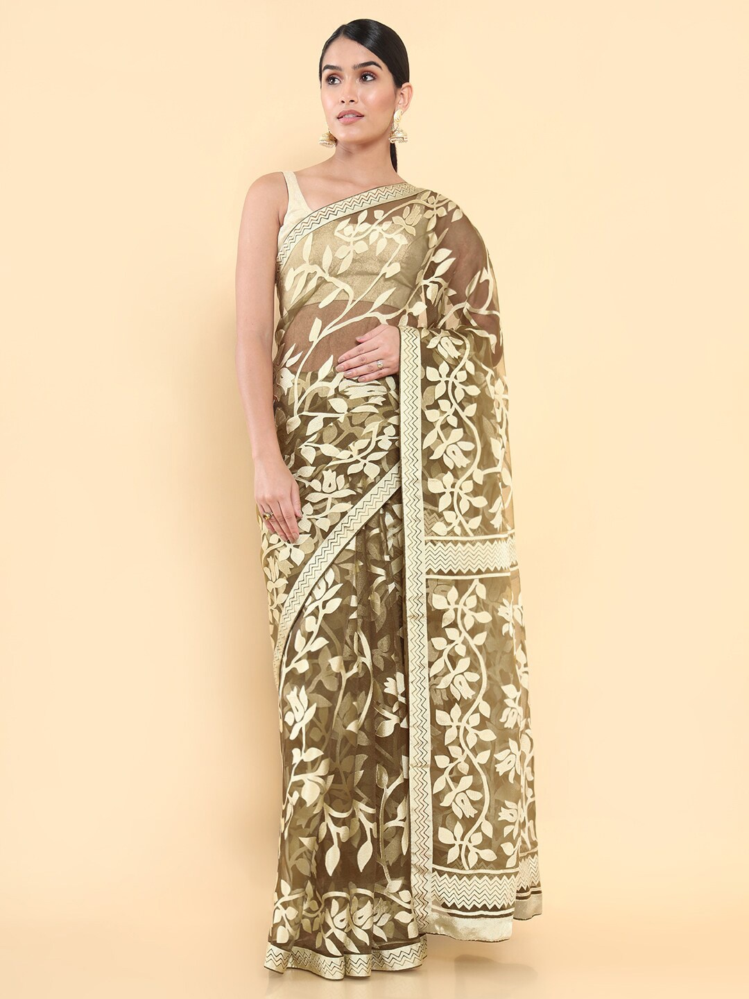 

Soch Olive Green & Cream-Coloured Floral Printed Organza Saree
