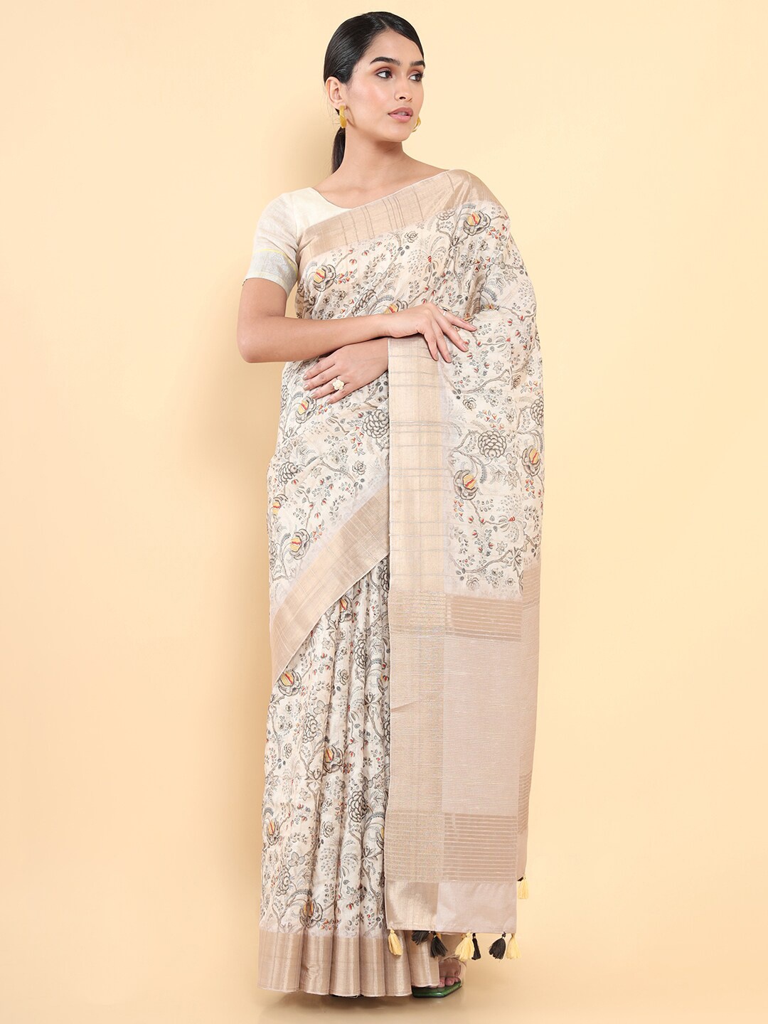 

Soch Cream-Coloured & Red Woven Design Zari Pure Silk Tussar Saree