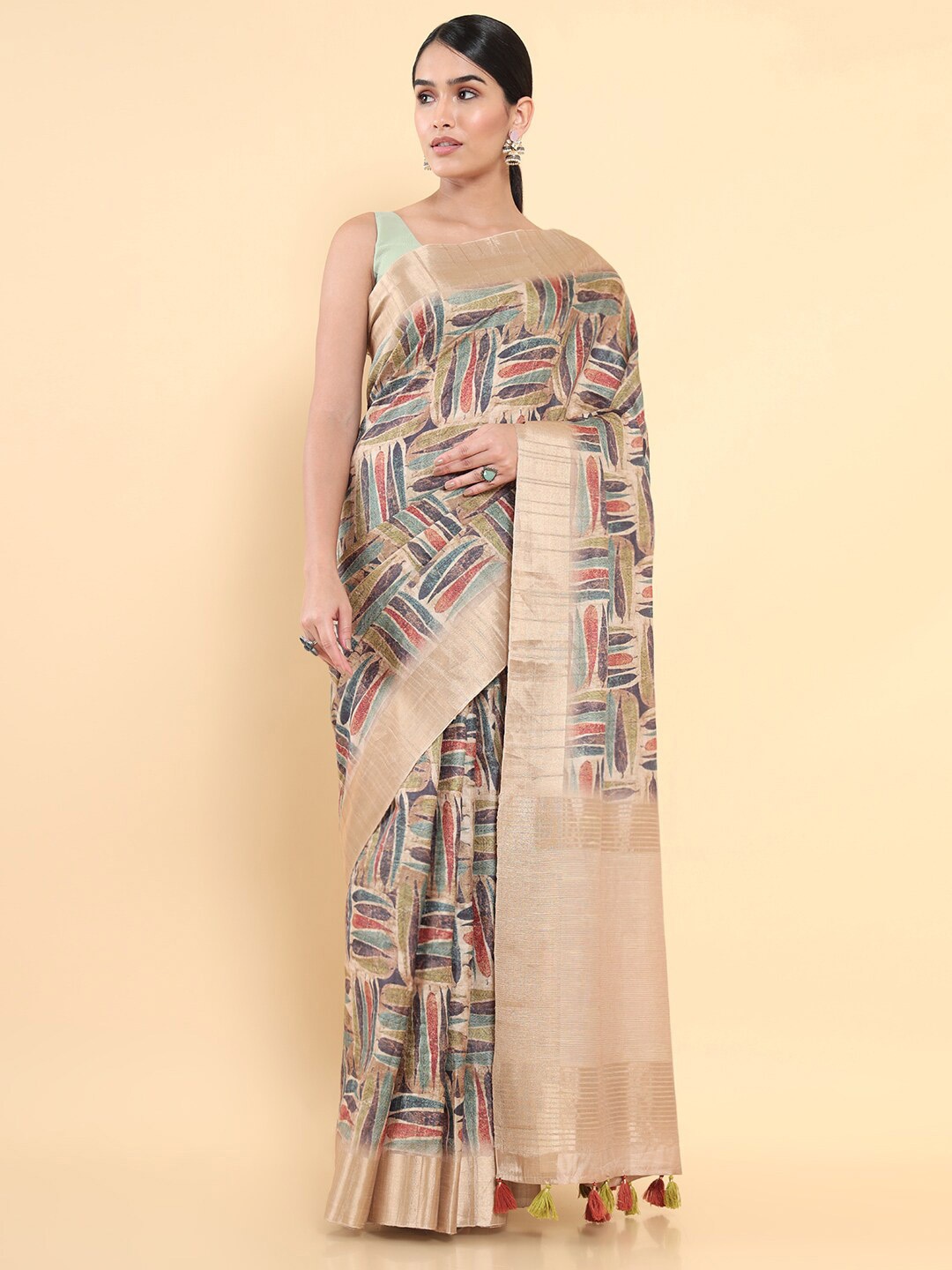 

Soch Green & Grey Woven Design Zari Pure Silk Tussar Saree