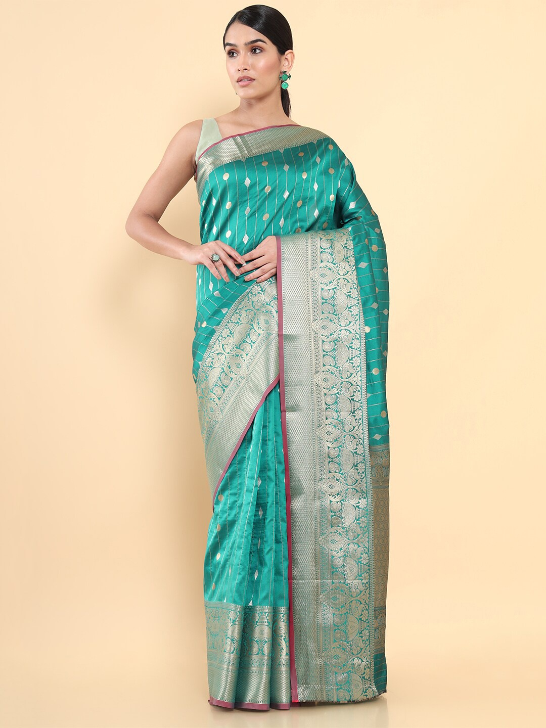 

Soch Teal & Gold-Toned Woven Design Zari Art Silk Saree