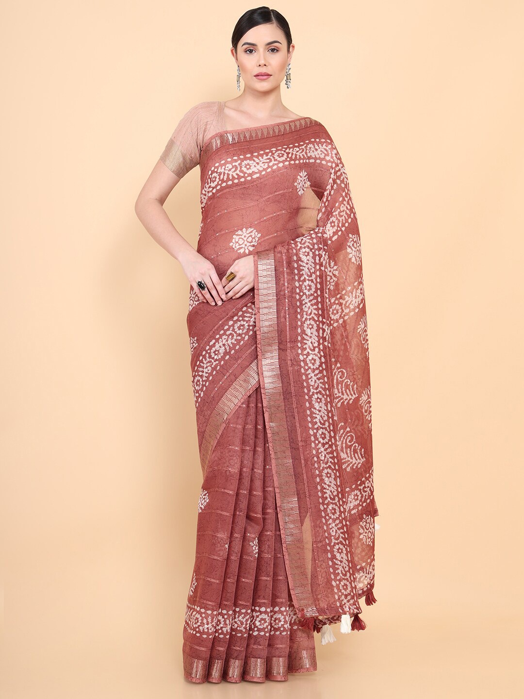 

Soch Brown & White Printed Ethnic Motifs Zari Pure Cotton Saree