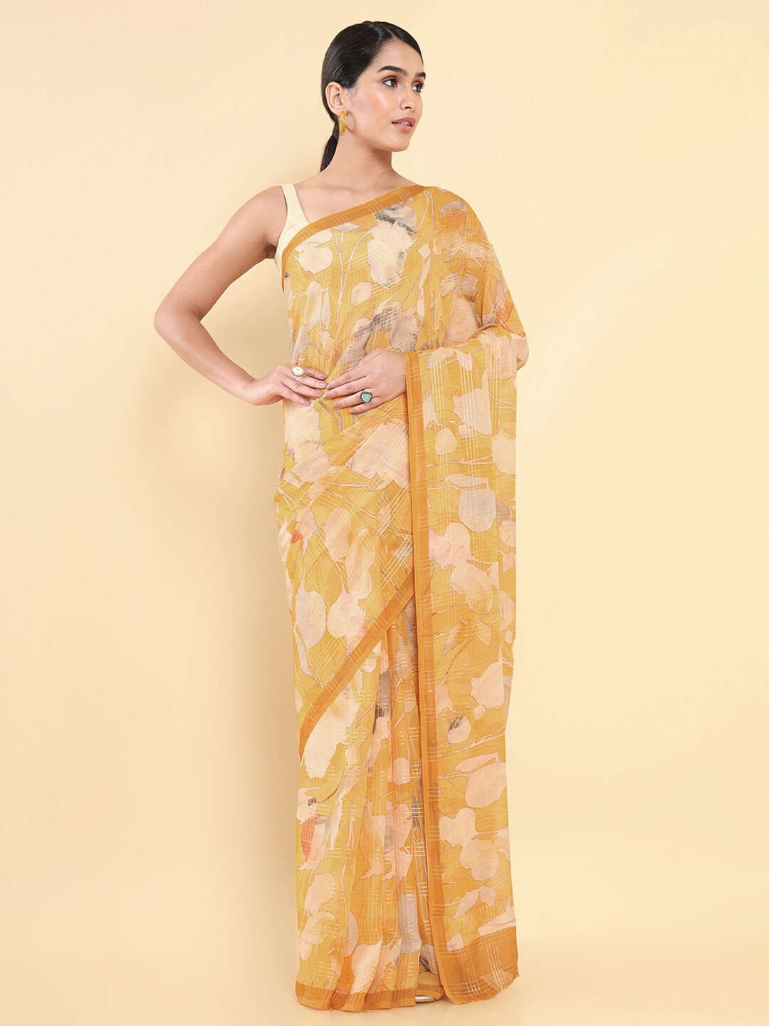 

Soch Yellow & White Printed Floral Zari Pure Chiffon Saree