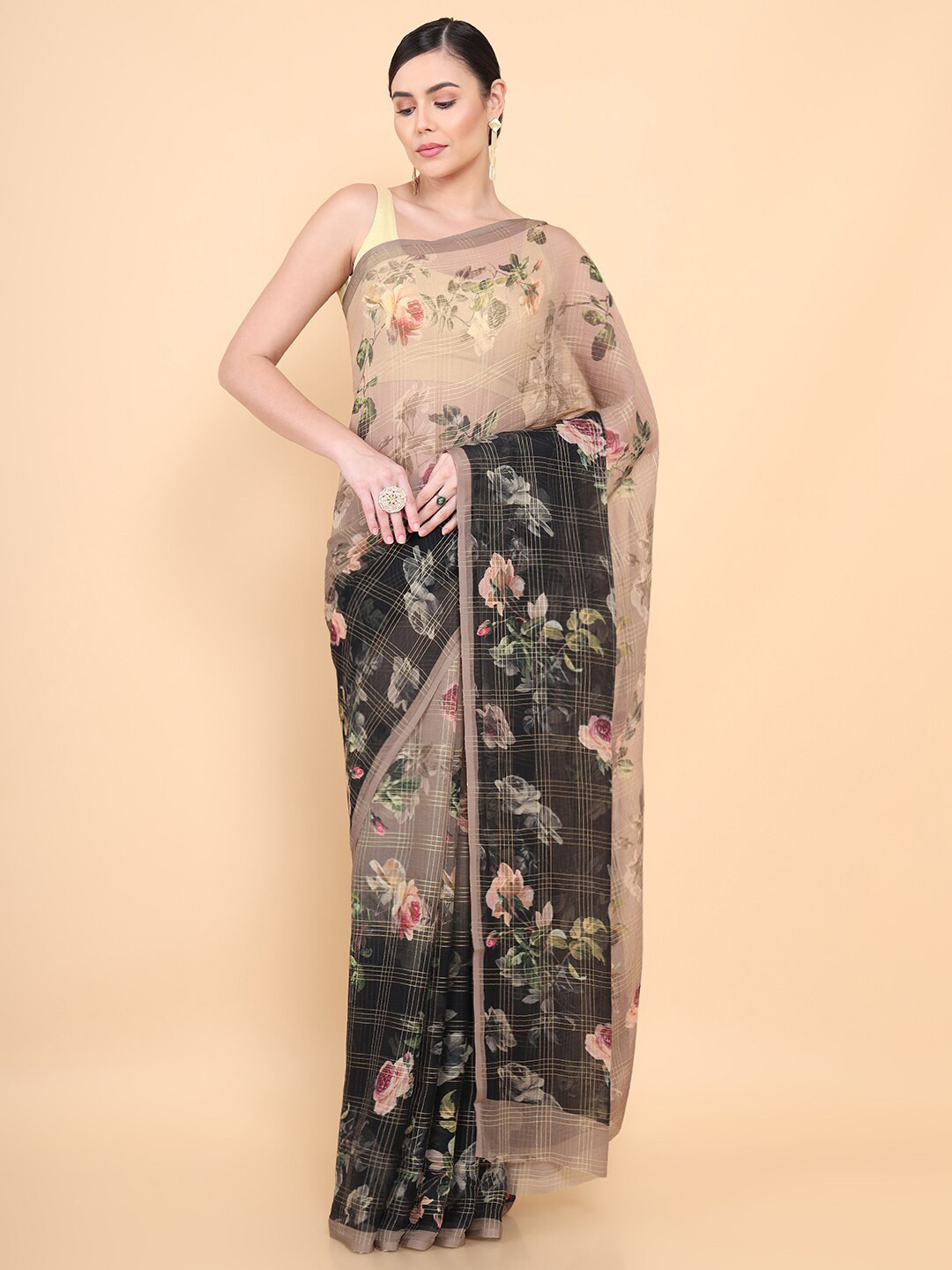

Soch Beige & Black Ombre Zari Pure Chiffon Saree