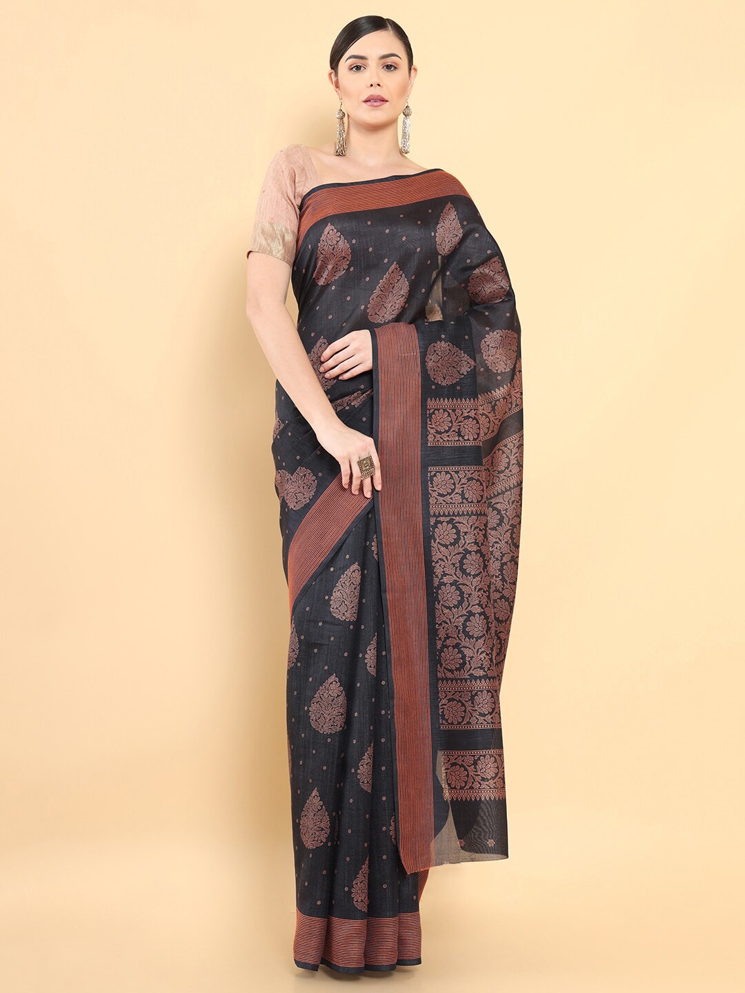 

Soch Charcoal & Brown Ethnic Motifs Art Silk Saree