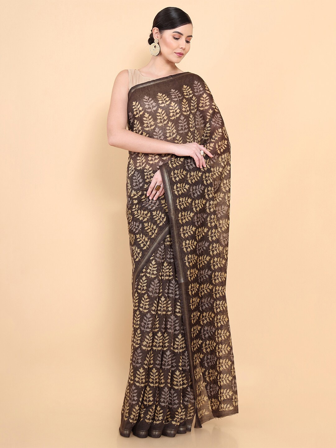 

Soch Olive Green & Silver-Toned Ethnic Motifs Zari Pure Silk Chanderi Saree
