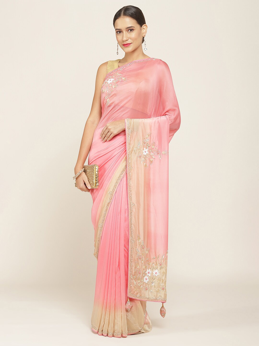 

Soch Pink & Gold-Toned Floral Embroidered Organza Saree