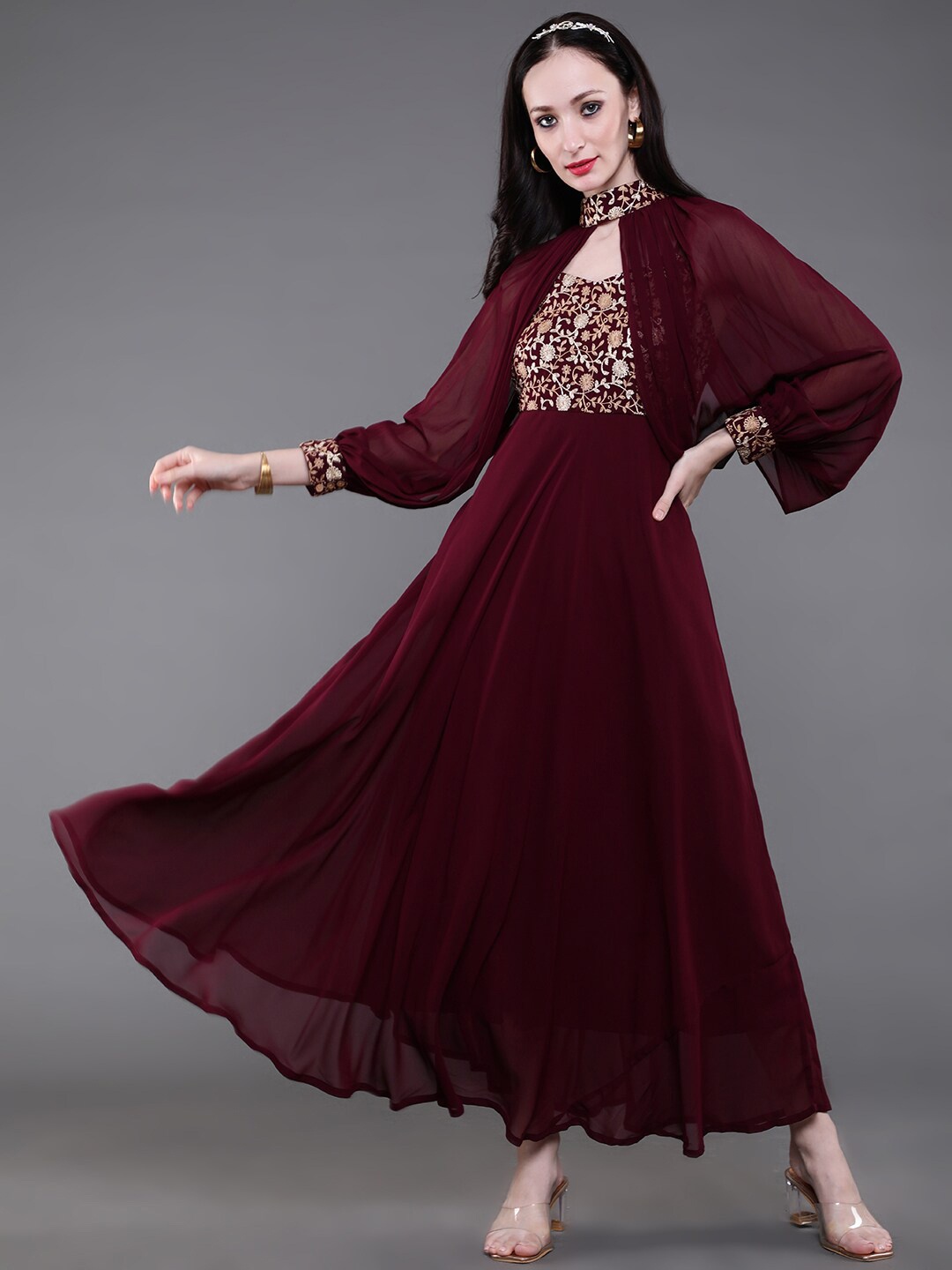 

saubhagya Women Maroon Georgette Maxi Dress