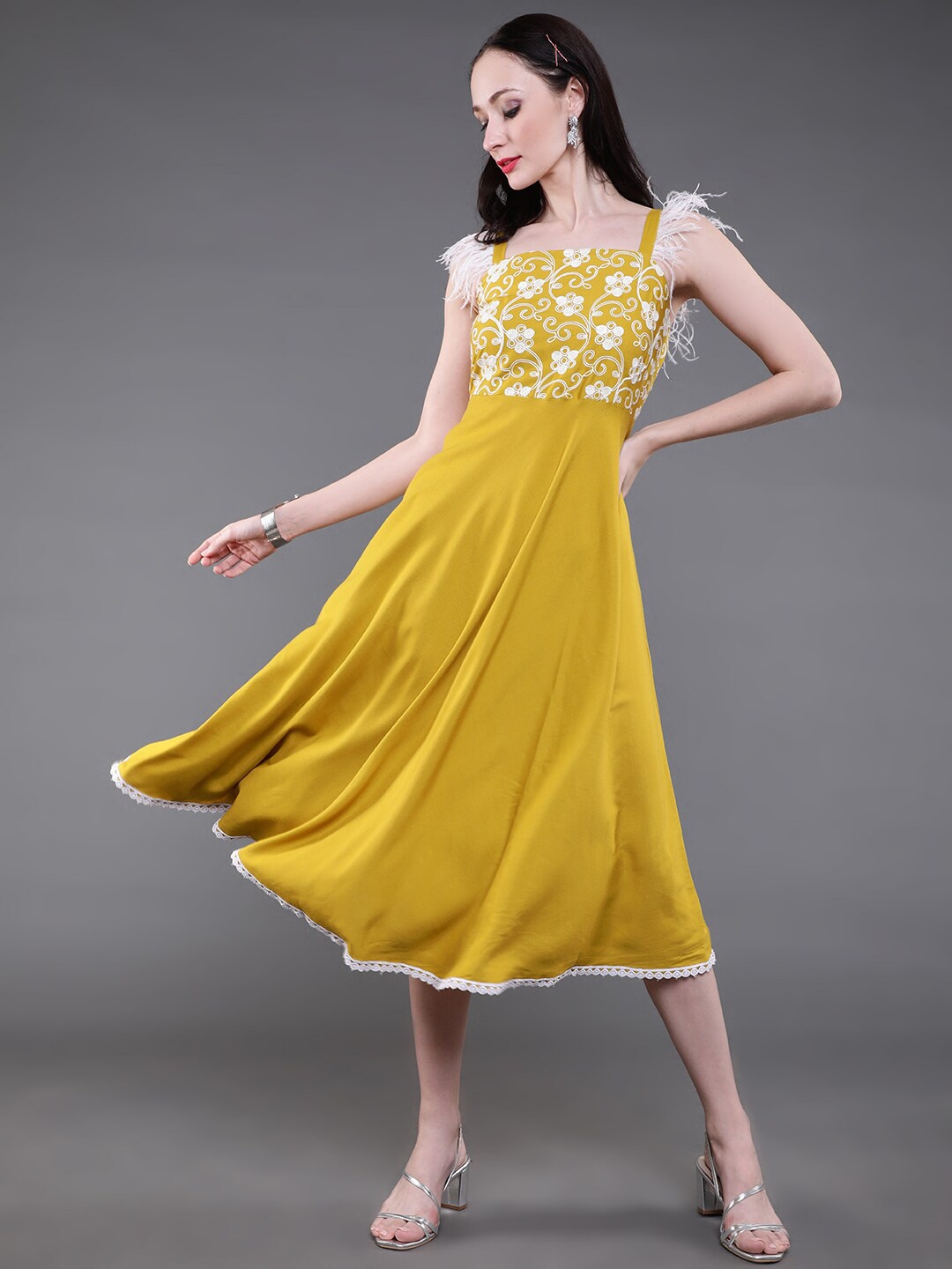 

saubhagya Yellow Embroidered Midi Dress