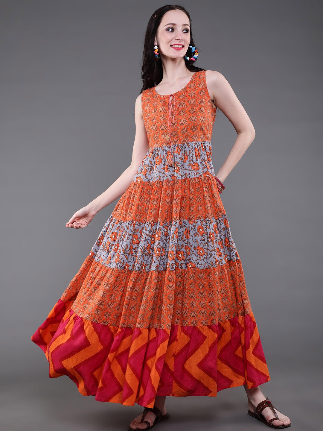 

saubhagya Women Orange & Grey Printed Maxi Ethnic Dress