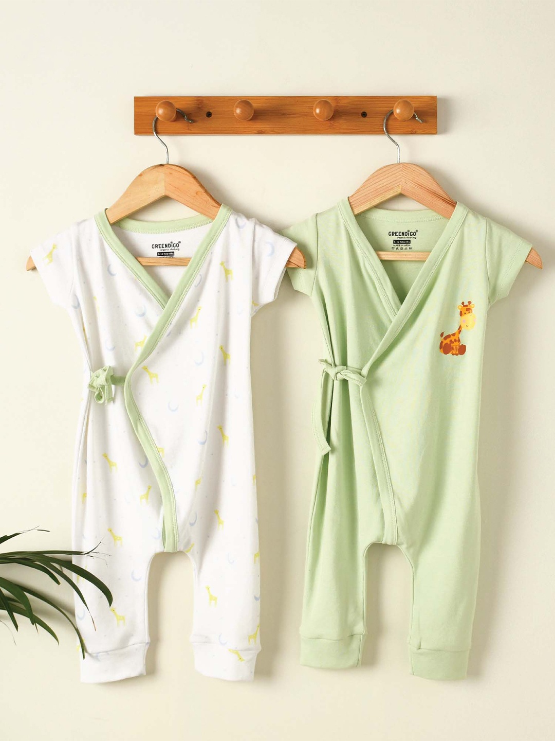 

GREENDIGO Infants Pack of 2 White & Green Printed Organic Cotton Bodysuit