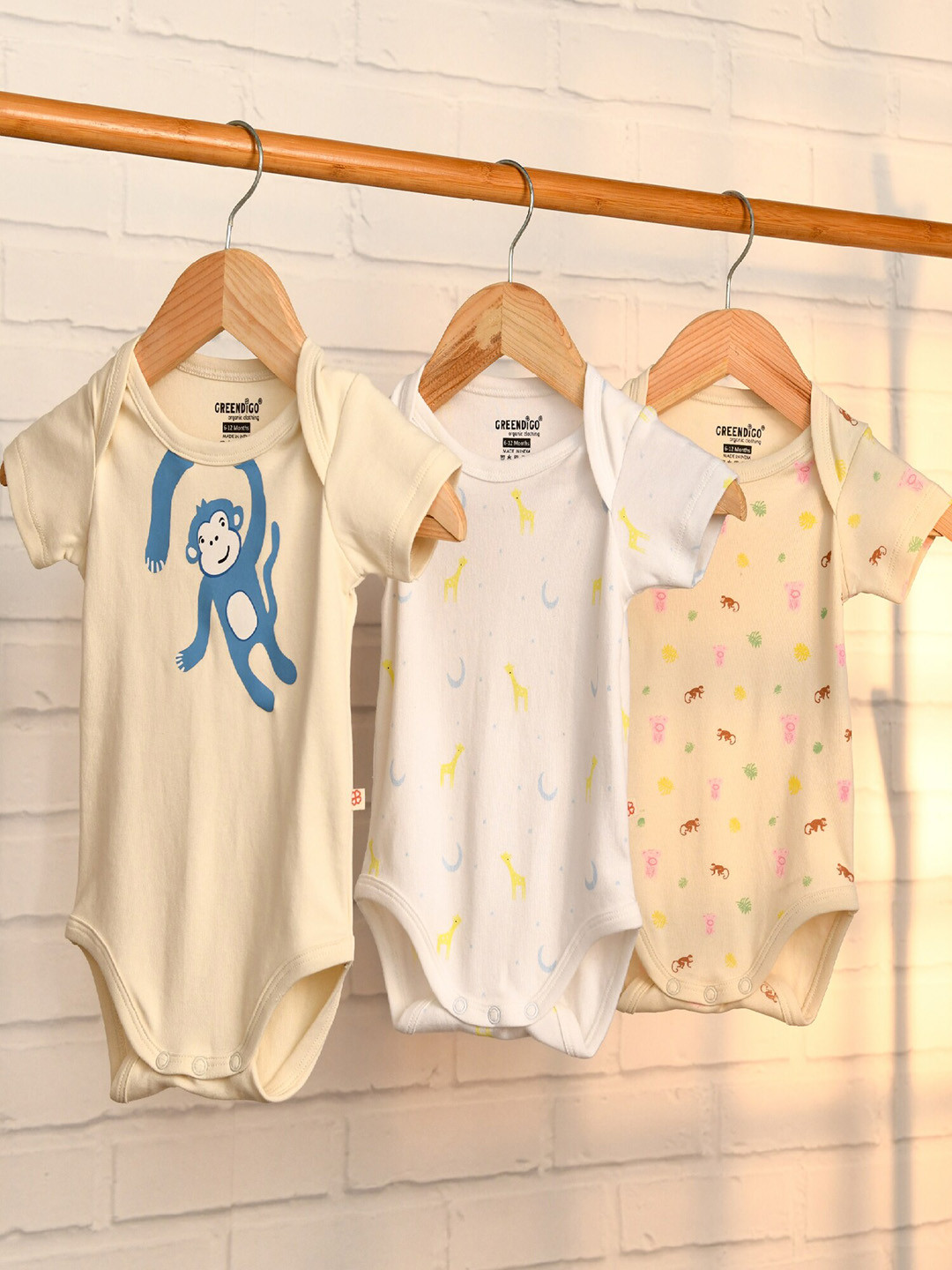 

GREENDIGO Unisex Kids Pack Of 3 Printed Organic Cotton Bodysuits, Mustard
