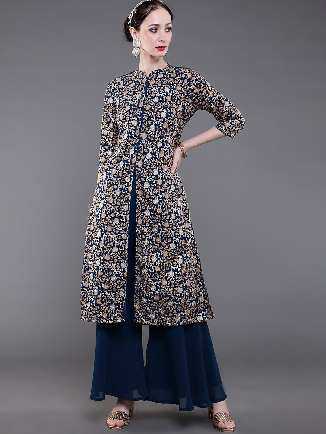 

saubhagya Women Blue Floral Embroidered Georgette Kurta