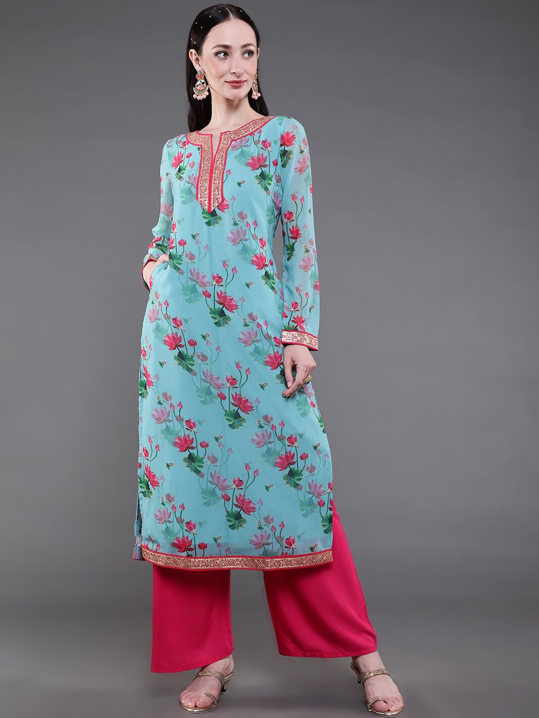 

saubhagya Women Turquoise Blue & Pink Floral Printed Georgette Kurta