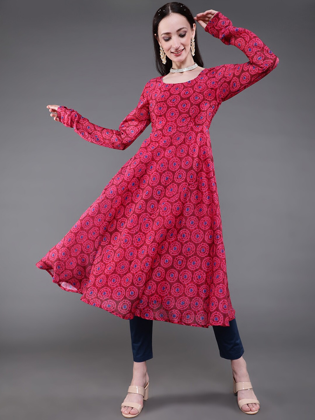 

saubhagya Women Magenta Ethnic Motifs Printed Chanderi Silk Anarkali Kurta