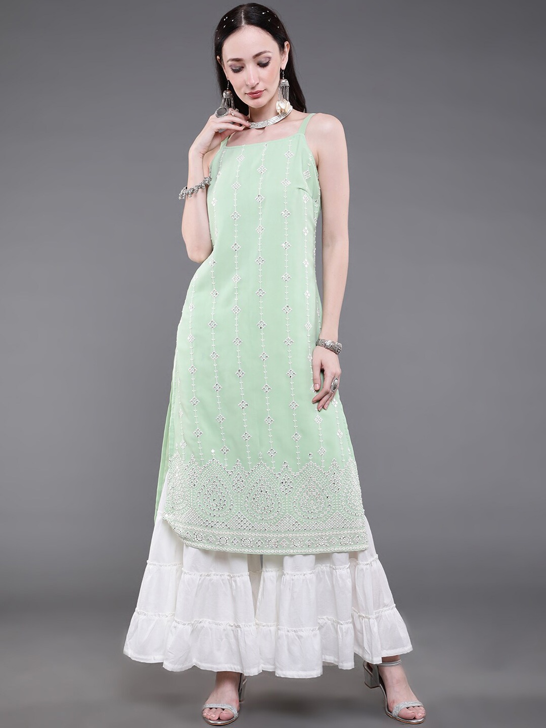 

saubhagya Women Sea Green Ethnic Motifs Embroidered Mirror Work Georgette Kurta