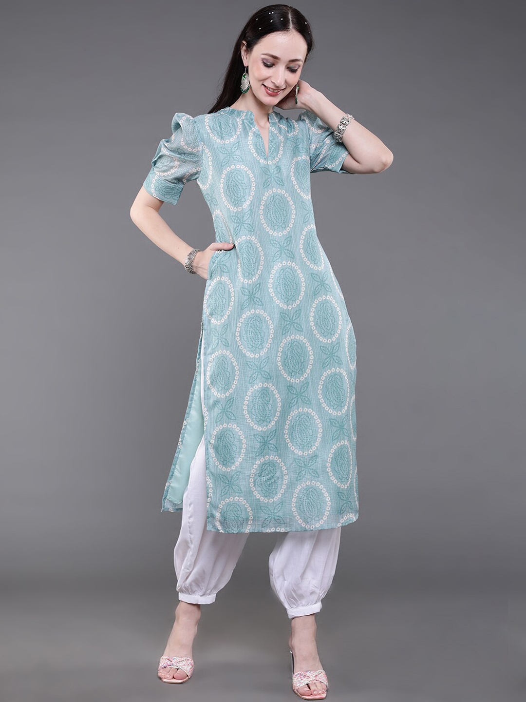

saubhagya Women Green & White Bandhani Printed Cotton Kurta
