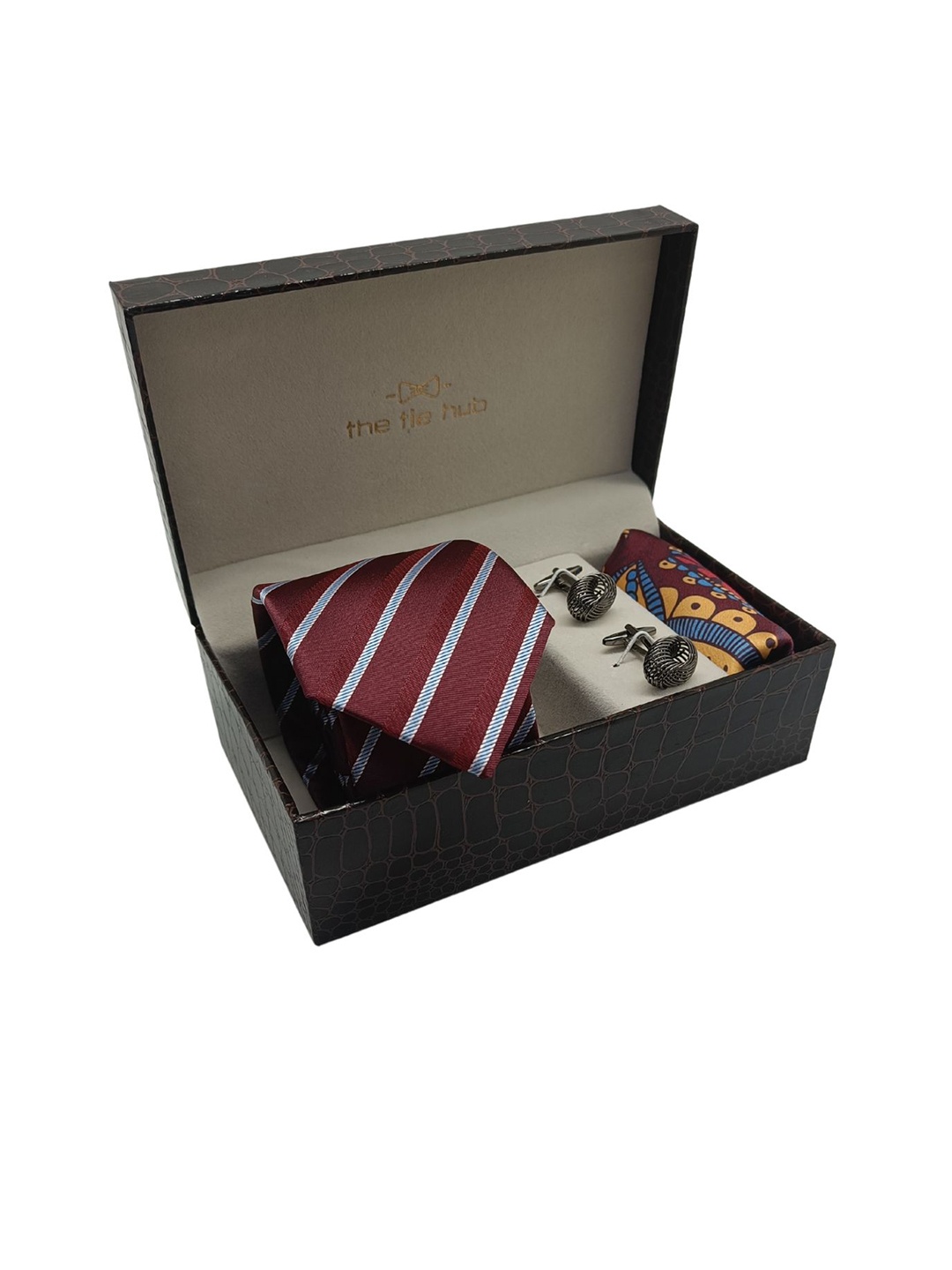 

The Tie Hub Men Maroon Stripe Print Microfiber Necktie Accessory Gift Set