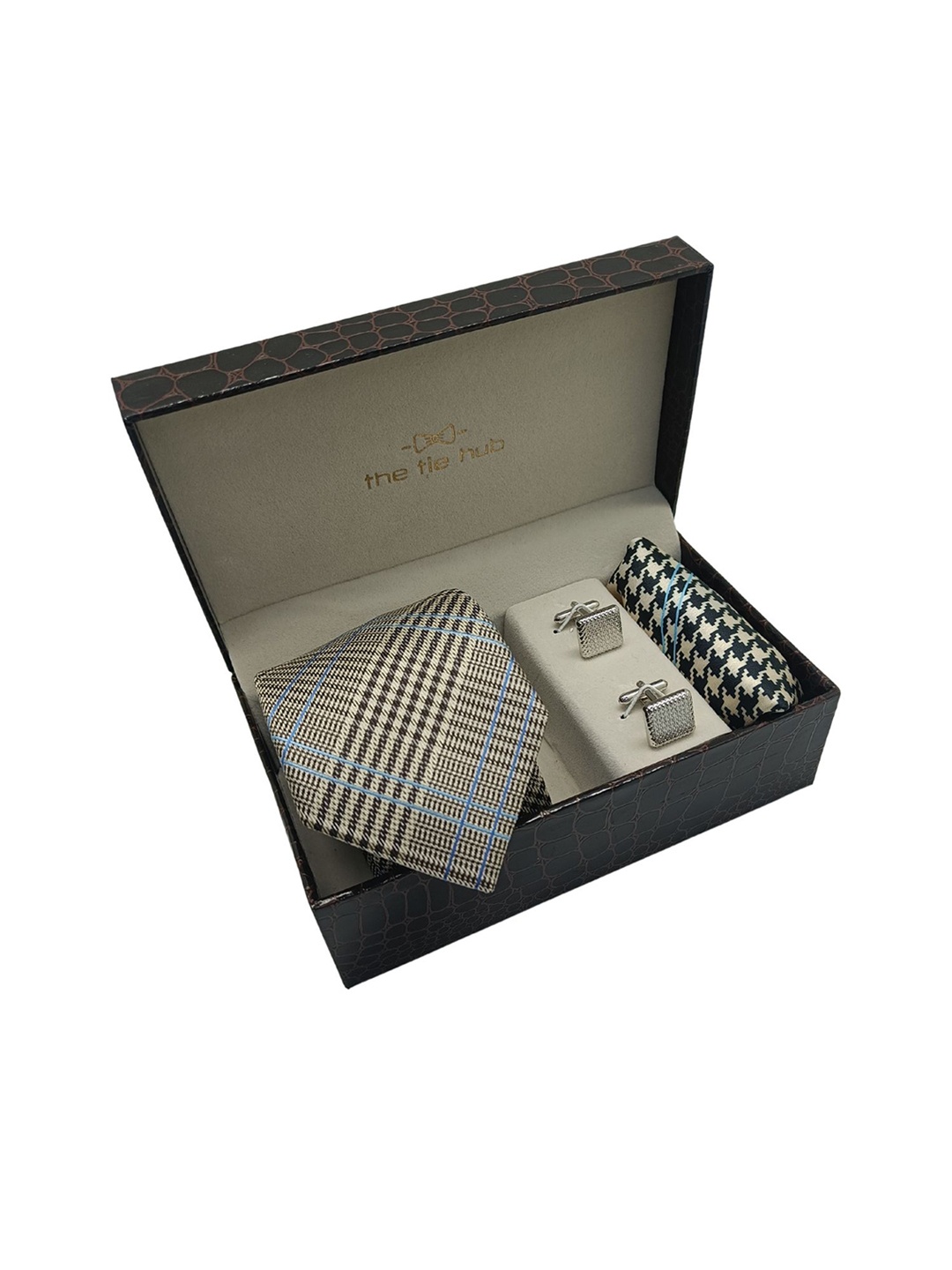 

The Tie Hub Men Cream-Coloured & Blue Printed Accessory Gift Set