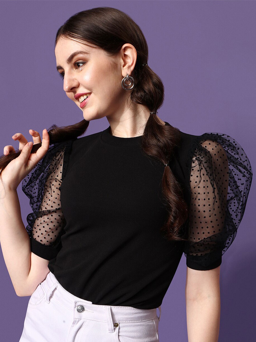 

SHEETAL Associates Black Solid Puff Sleeves Crop Top