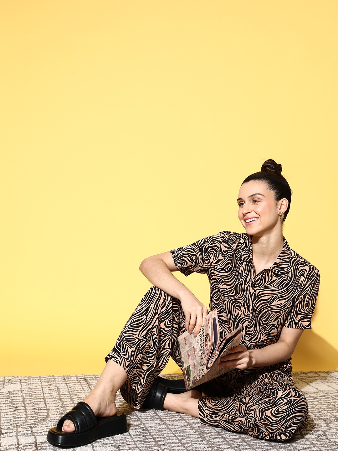 

XIN Women Beige STAYIN IN STYLE Abstract Joyful Retreat Night Suit