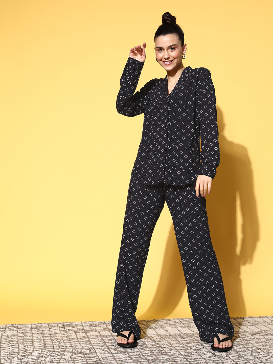 

XIN Women Black STAYIN IN STYLE Ethnic Motifs Joyful Retreat Night Suit