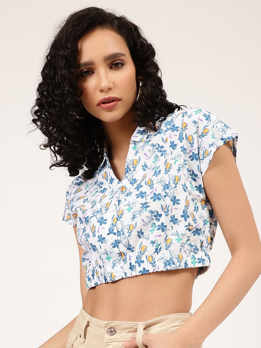 

ELLE Women White & Black Floral Print Crop Top