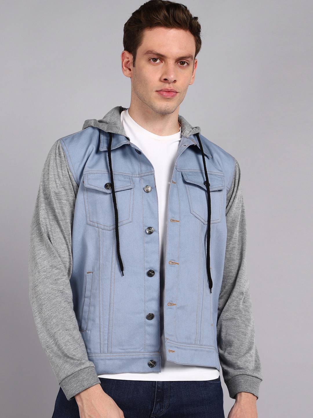 

MONTREZ Men Blue Grey Colourblocked Crop Denim Cotton Jacket